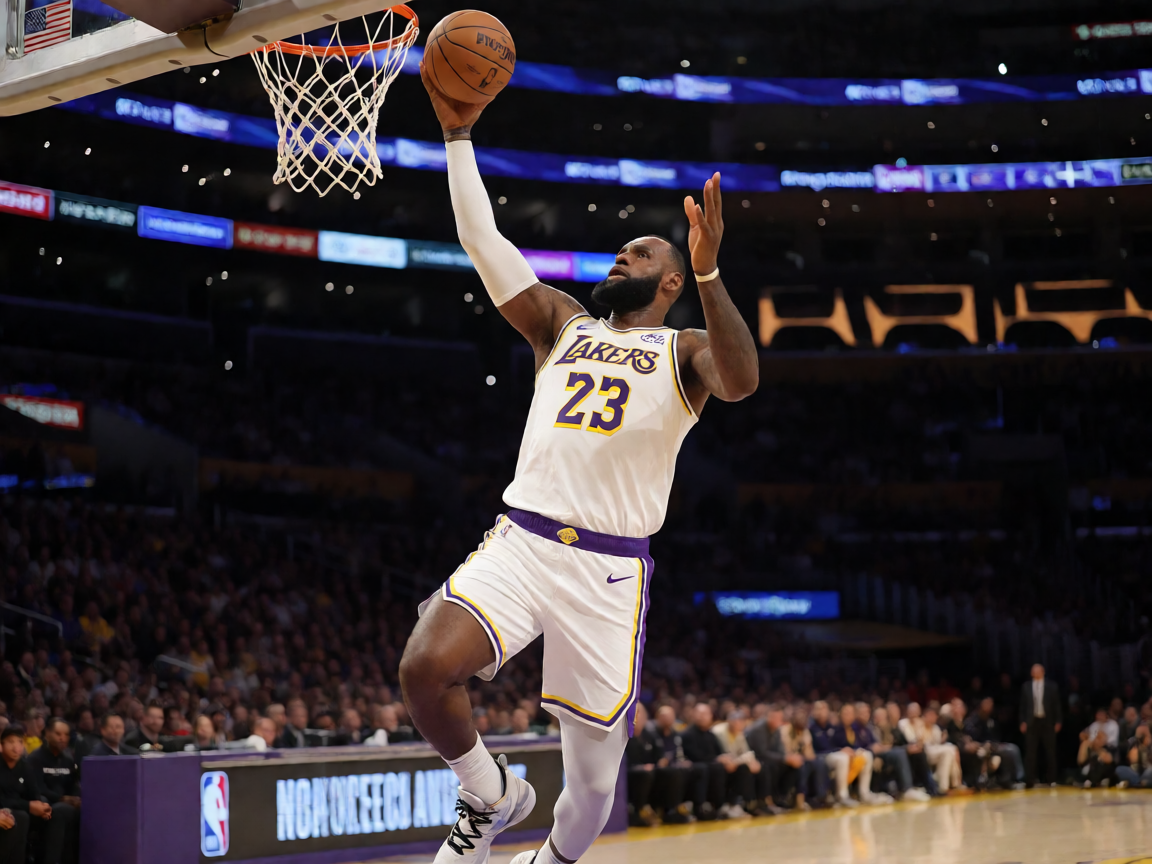 NBA比赛中勒布朗·詹姆斯突破上篮的精彩瞬间