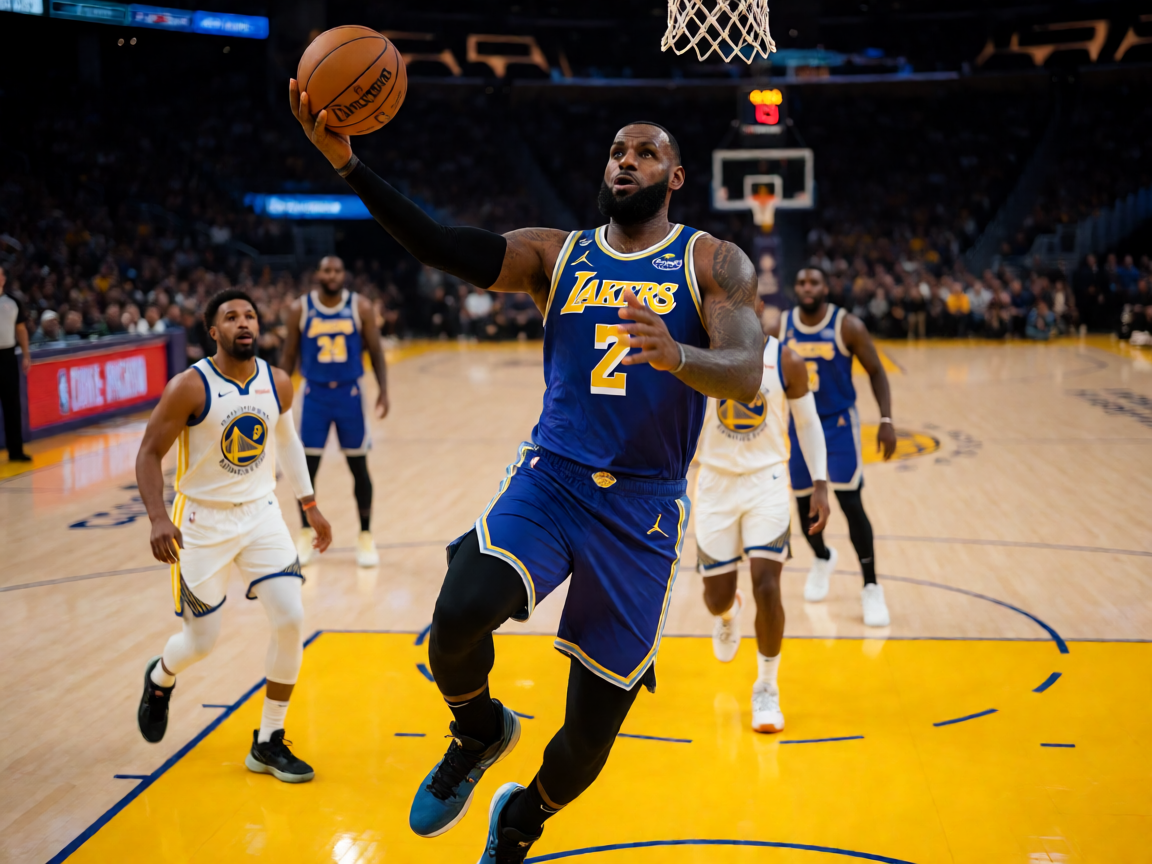 NBA比赛中詹姆斯突破上篮的精彩瞬间